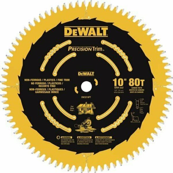 Dewalt Circular Saw Blades, 10in. 80T TCG ALUMINIUM / PLASTIC / FINE TRIM DW3219PT